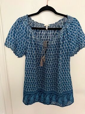 Joie Blue Printed Peasant Blouse with Tassel Tie